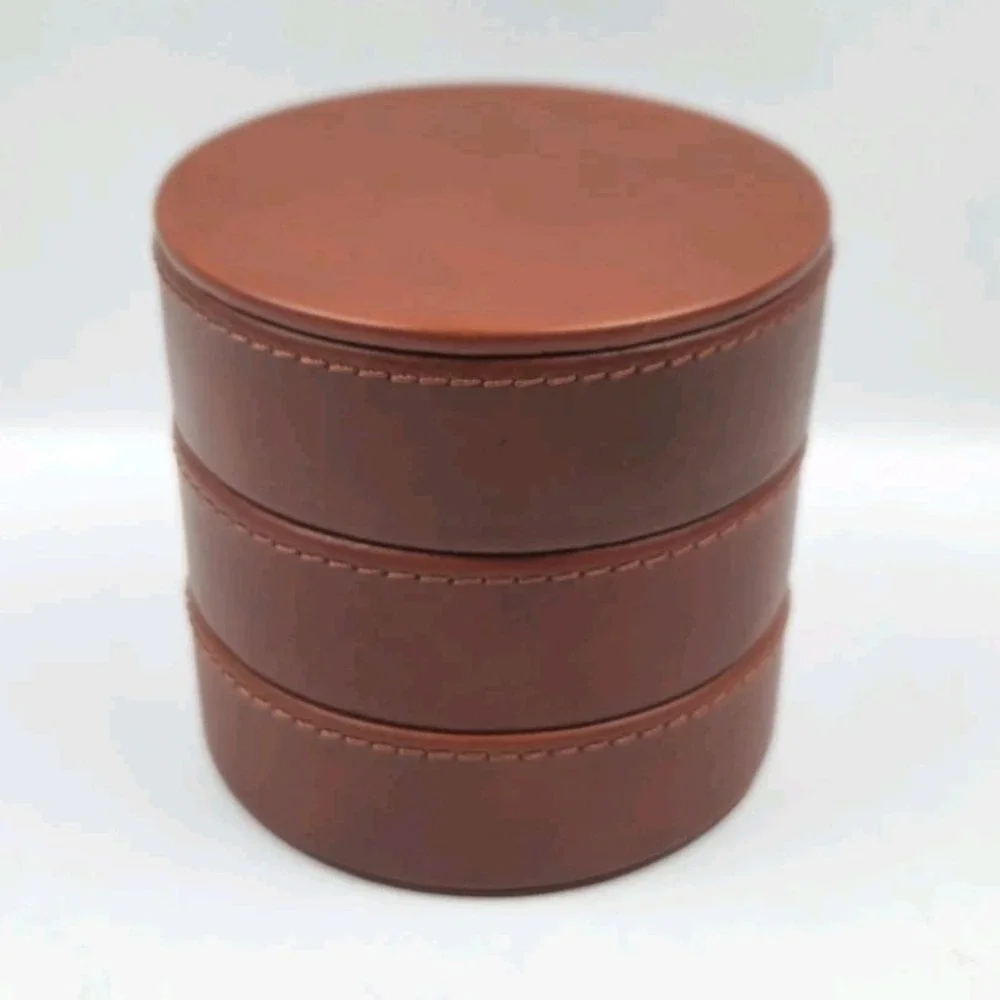 Mark Graham Leather Travel Jewelry Watch Round Storage Container 3 Compartments